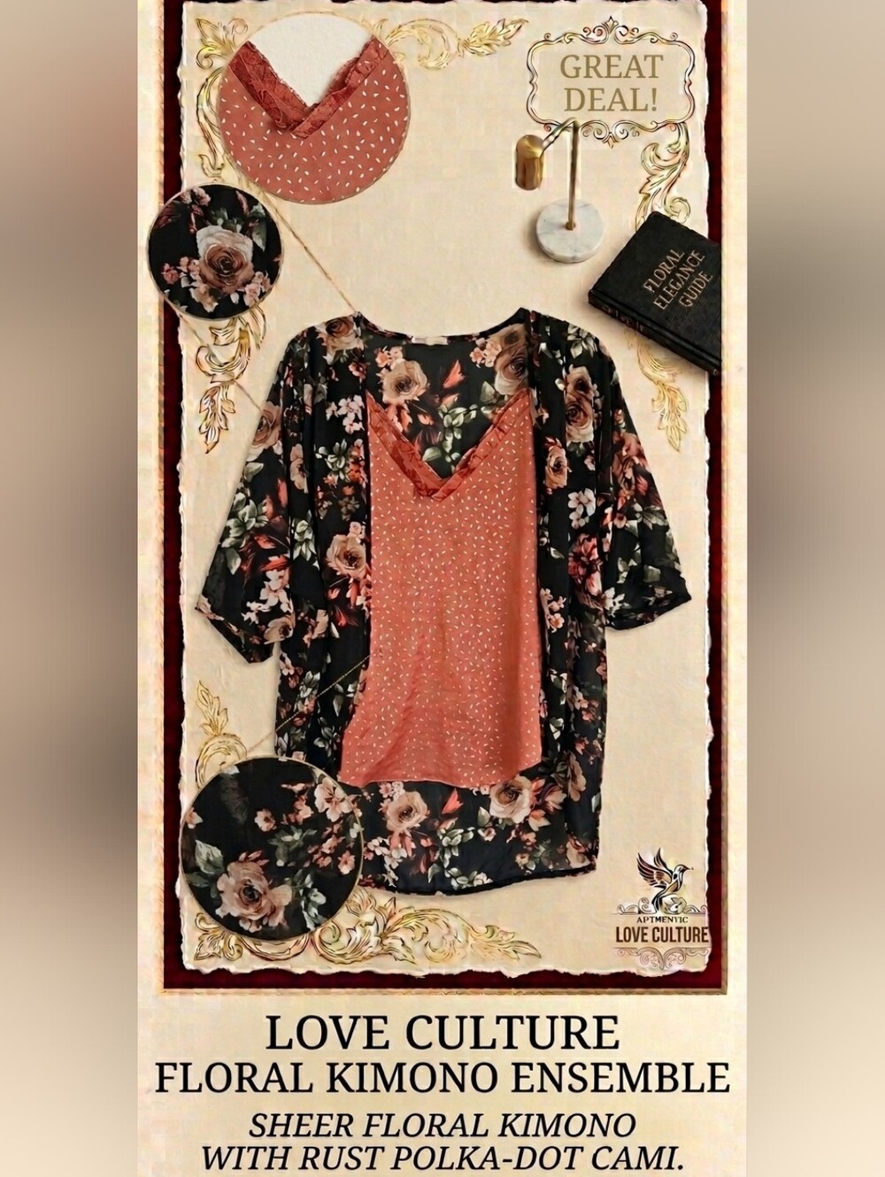 Floral Sheer Kimono with Rust Polka-Dot Cami - Women's Two-Piece Set